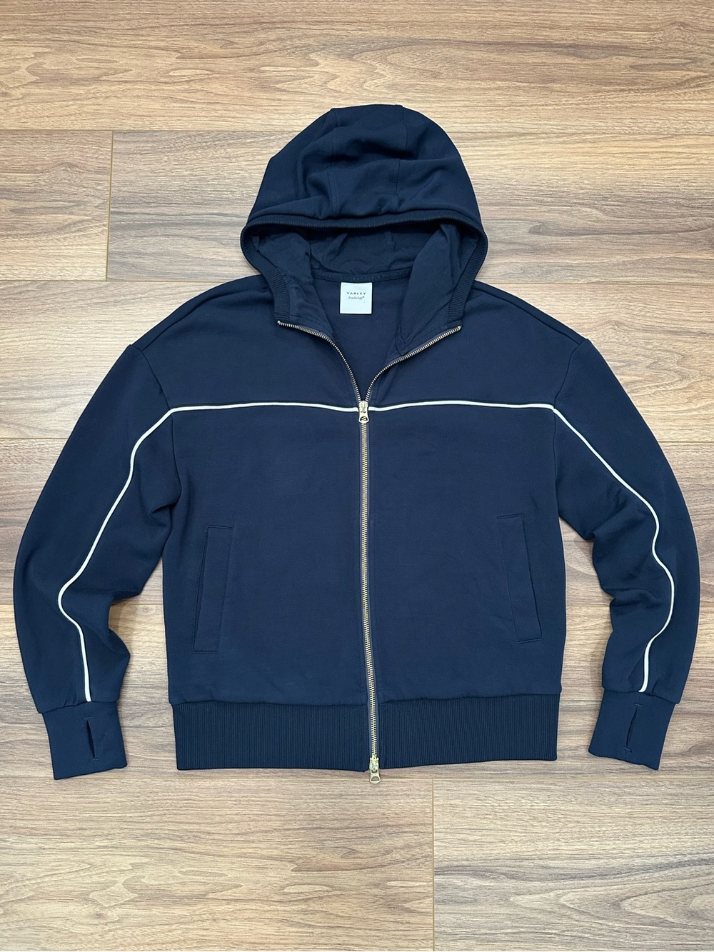 Varley Gia Zip-Through Hooded Sweat in Navy/White Size XS